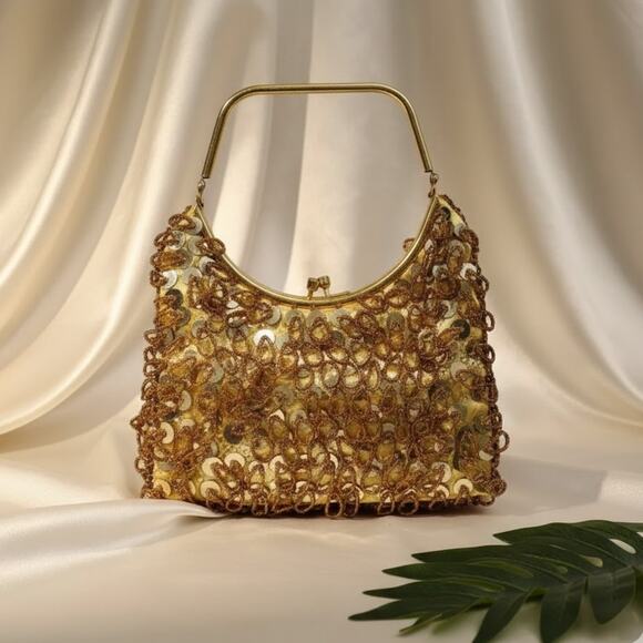 Vintage Simon Beaded Top Handle Handbag Gold - Picture 1 of 13